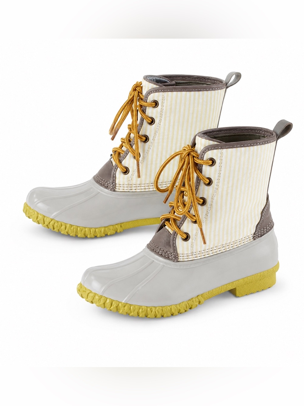 BASS Gray Yellow Stripes Rubber Leather Rain Boots Size 7
